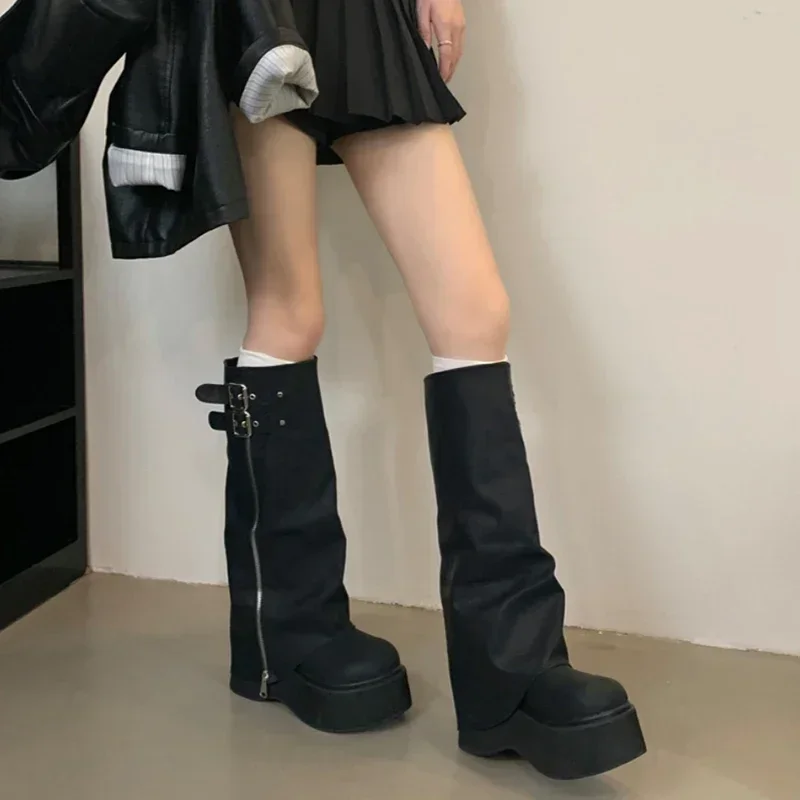 Autumn Winter Chunky Women Knight High Boots Fashion Platform Flats Trouser Long Booties Female Western Cowboy Shoes