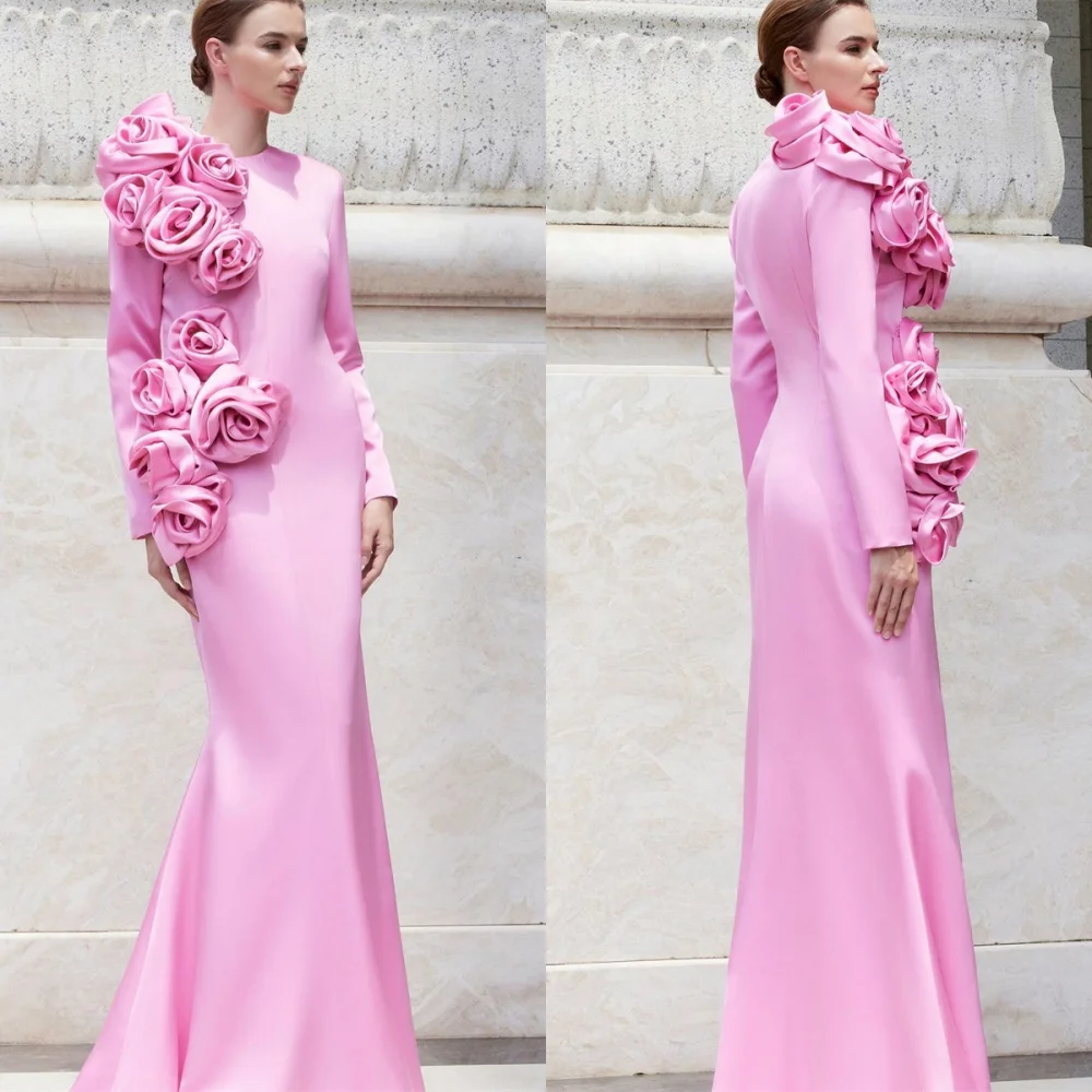 

Customized Exquisite Pink Satin Evening Dress Delicate Crew Neck Long Sleeves Zipper Back Flowers Mermaid Homecoming Dress