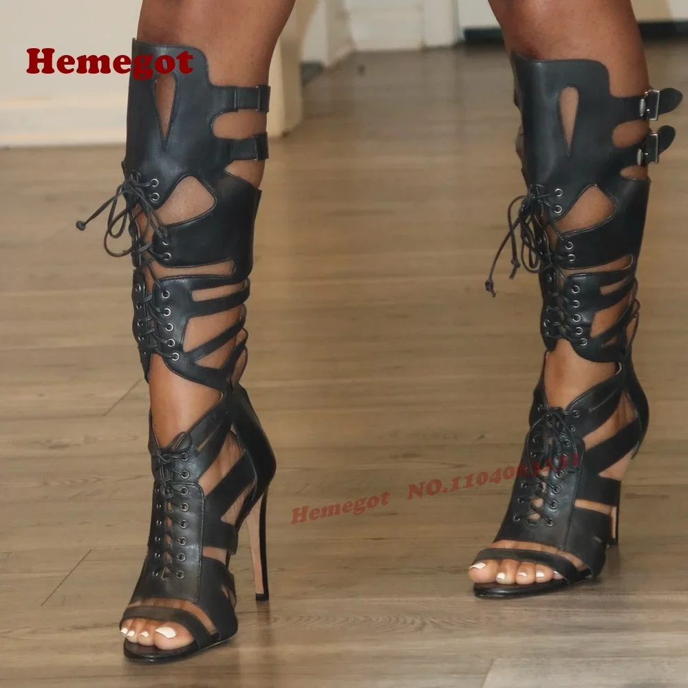 Lace-Up Gladiator Sandals Peep Toe Patchwork Color Blocking Stiletto Heels Women's Sandals Motorcycle Shoes Zipper Luxury Summer