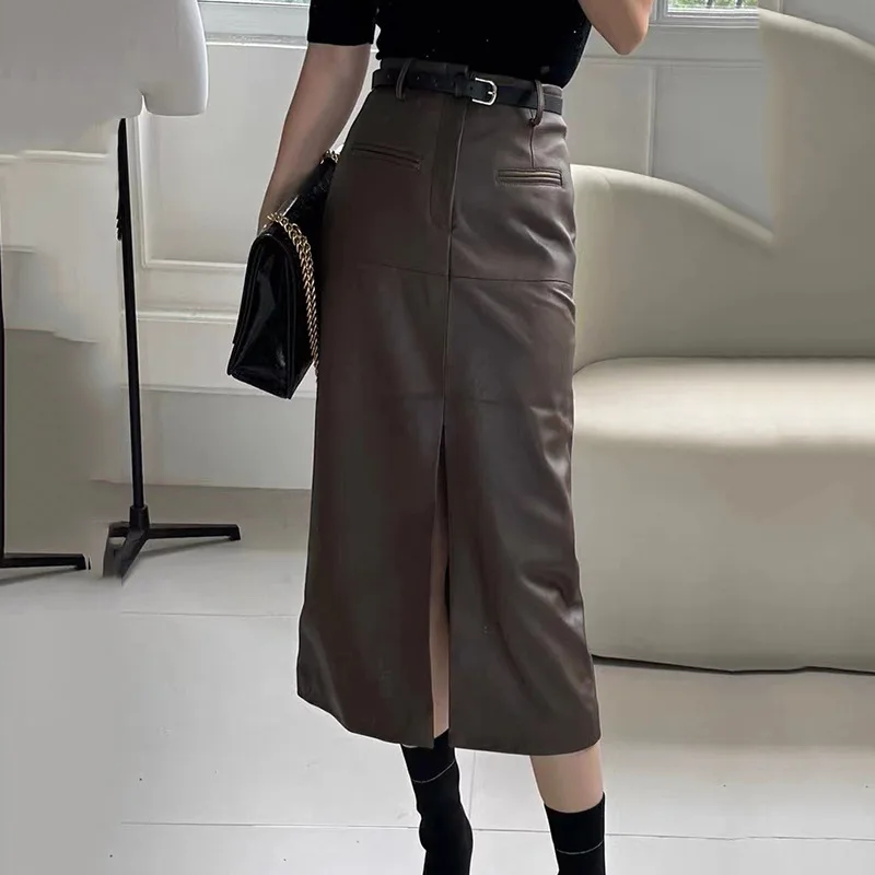 

New Long Skirt for Women Sheepskin Simple Wrap Hip Front Split Over Knee Skirts High Waist Belt Slim Brown Skirt Falda Negra