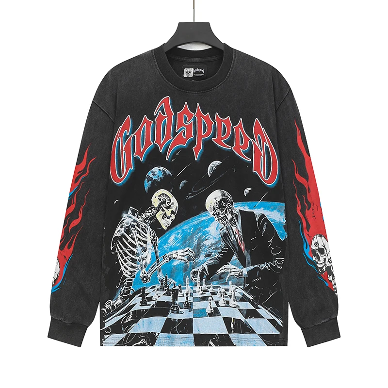 

Высокое качество Godspeed с длинным рукавом в американском стиле Street Rock, винтажная футболка с принтом черепа, старая свободная футболка для мужчин и женщин, универсальные топы