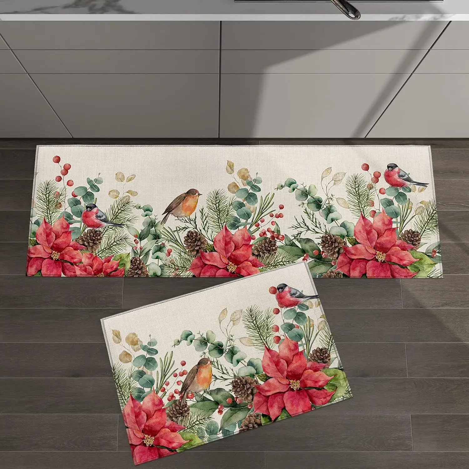 Christmas Robin Poinsettia Holly Berry Kitchen Mat Decor Anti-slip Corridor Balcony Rugs Bathroom Floor Mat Christmas Decoration
