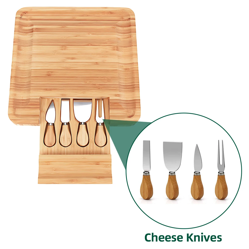 

Charcuterie Boards Gift Set with 4 Cheese Knives Large Square Bamboo Cheese Boards with Hidden Utensil Drawer Partition Food Sto