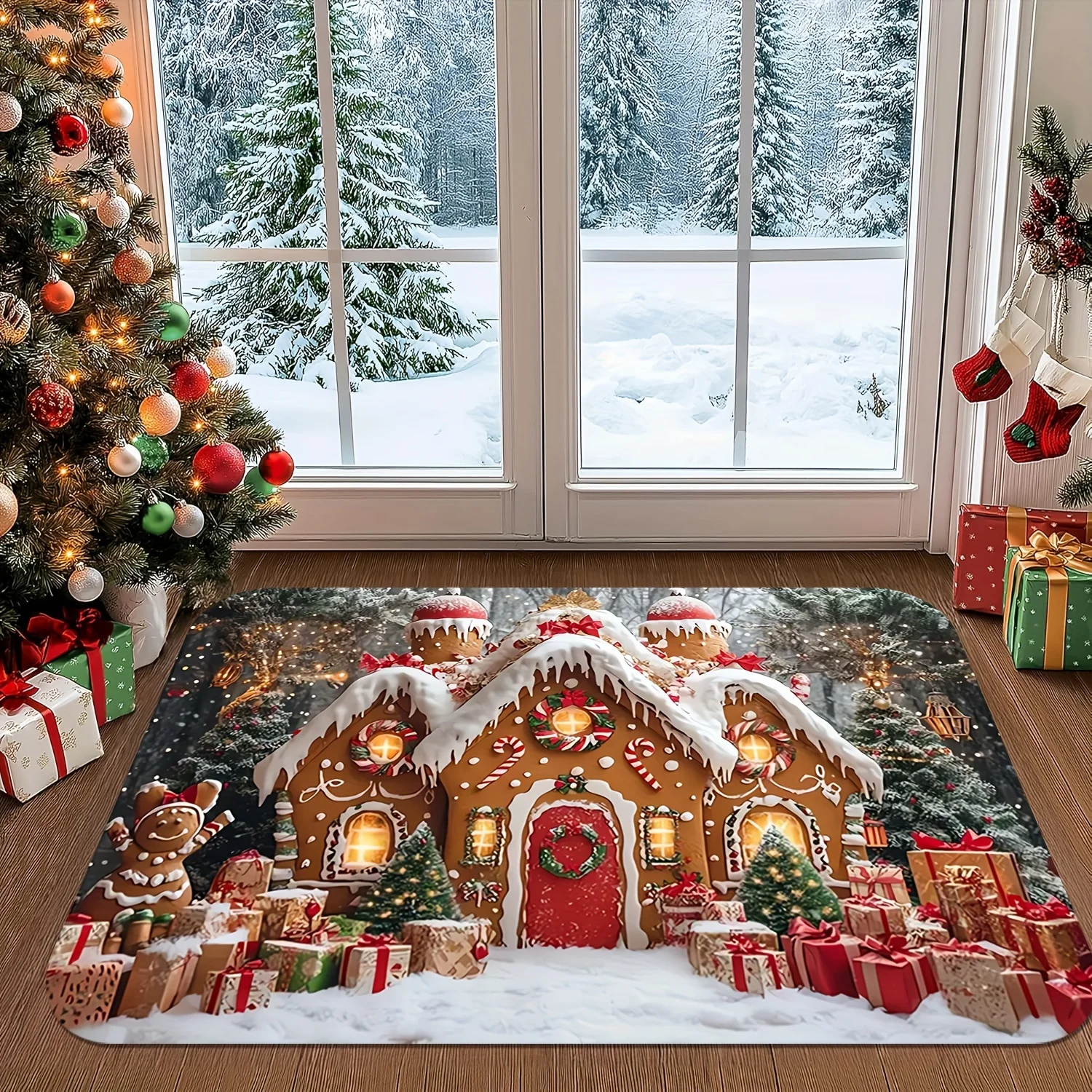 VIKAMA Christmas Gingerbread Soft Area Rug for Living Room Bedroom Xmas Tree Non-Slip Indoor Carpet for Home Entrance Decor