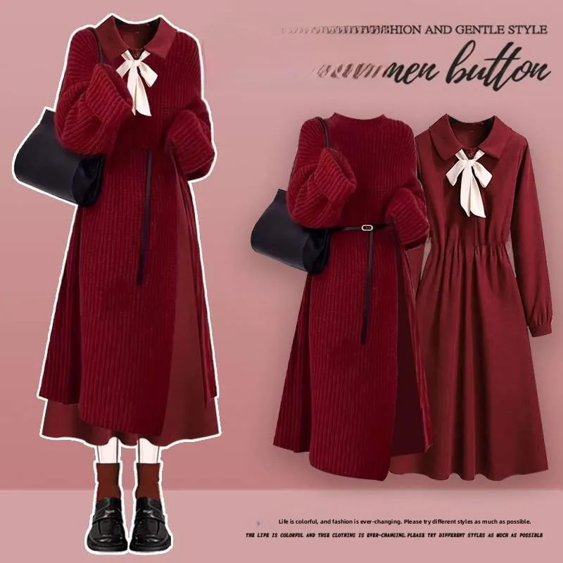 

Свитер Cisas, красный длинный утягивающий корейский женский модный комплект, высококачественный костюм-двойка V-Ne Long Sve Butterf...