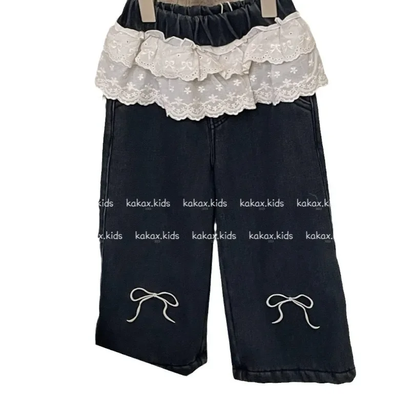 Jeans 2024 Girls Autumn Winter New Korean Lace Waist Bow Velvet Jeans Tide Teenage Girls Clothing Girls Pants