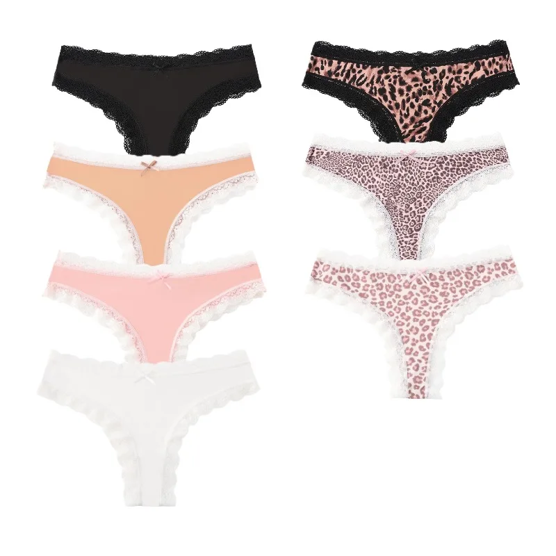 WarmSteps 7-teiliges Spitzen-Damenhöschen-Set, französische Tangas, Leopardenmuster, sexy Dessous, Blumen, weiche Unterwäsche, bequeme, atmungsaktive G-Strings