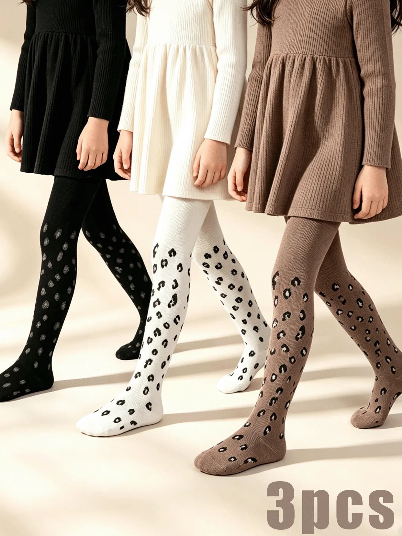 3 Pcs Girls Leopard & Bear Print Tights Soft Stretch Knit Leggings Kids Cute Outerwear Base Layer Socks Set for Girls Daily Wear