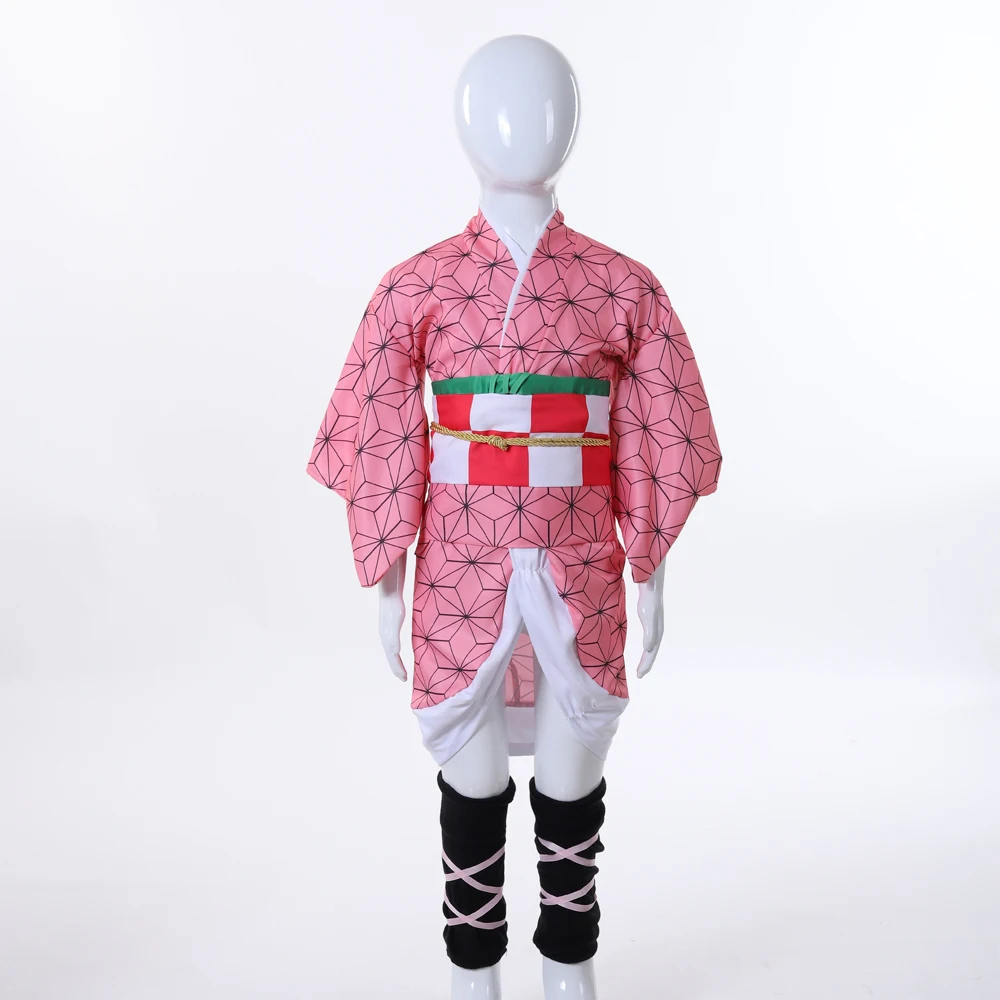 مجموعة كاملة من Nezuko Kamado التأثيرية على الطراز الياباني كيمونو وردي كيمونو مع كمامة من الخيزران لأداء مرحلة اتفاقية الرسوم المتحركة