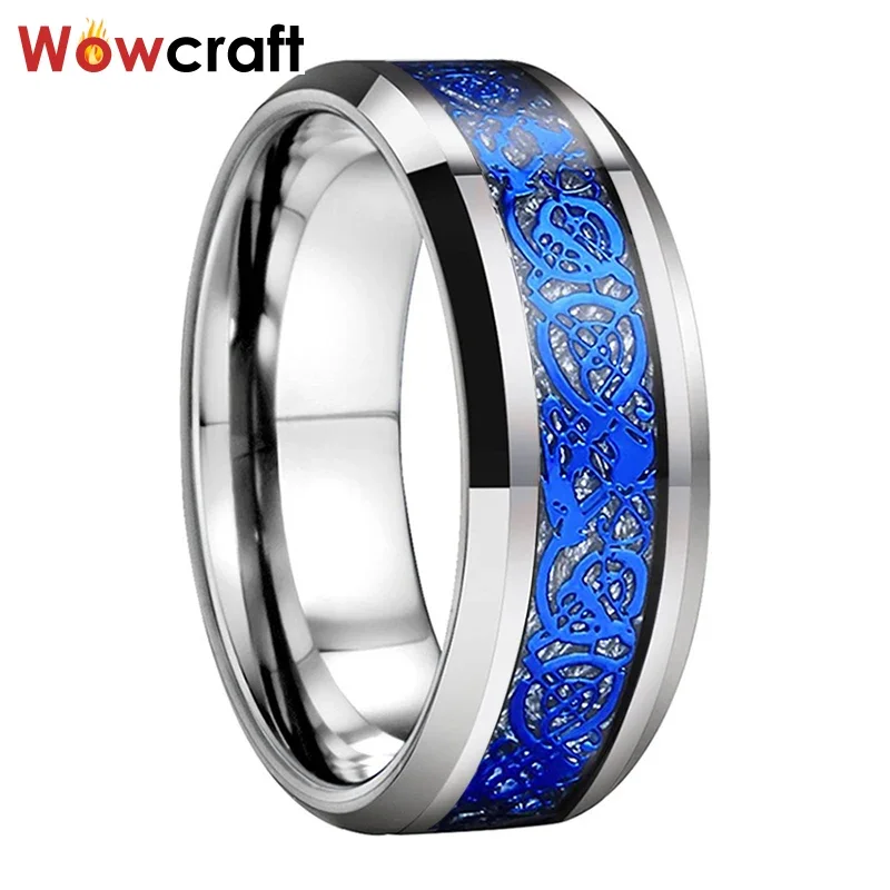 

Tungsten Carbide Rings for Men Women Wedding Bands Meteorite Dragon Inlay Beveled Edges Polished Comfort Fit