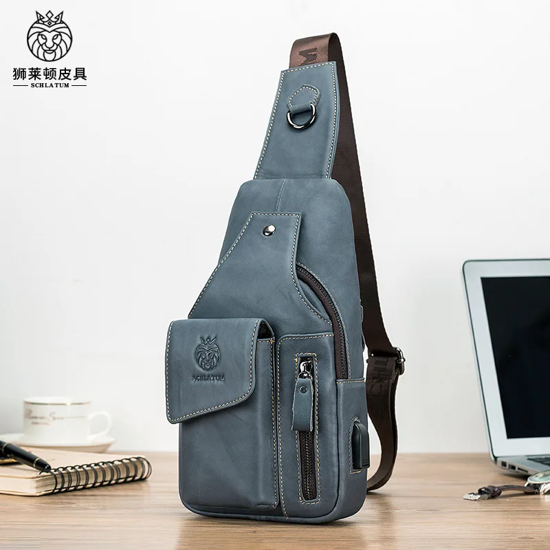 

First layer cowhide breast bag blue new leather men's USB with mobile phone bag front satchel retro fashion simple versatile tre