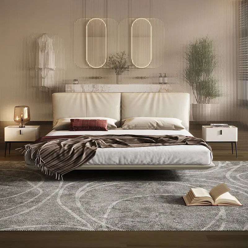 

#% Modern Minimalist Genuine Leather Upholstered Floating Bed Frame With Elephant Ear Headboard For Master Bedroom In Cream F306