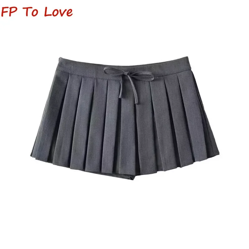 Sexy Low Waist Tie Pleated Skirt Women's 2023 Autumn Spice Girls Anti-Walking With Bottoms A-Line Skirt