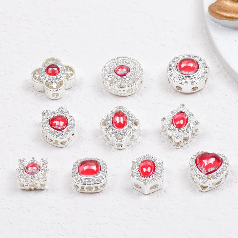 5 Pieces Copper Gold-silver Inlaid with Red Zircon High-end Bead DIY Pearl Necklace Bracelet Jewelry Accessories Wholesale