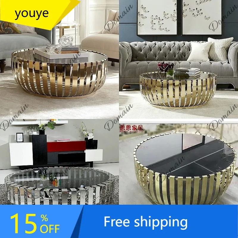 N80 Cocktail Shape Coffee Table Round Metal Tea Table Stainless Steel Vertical Bar Decor Glass Top Titanium Gold