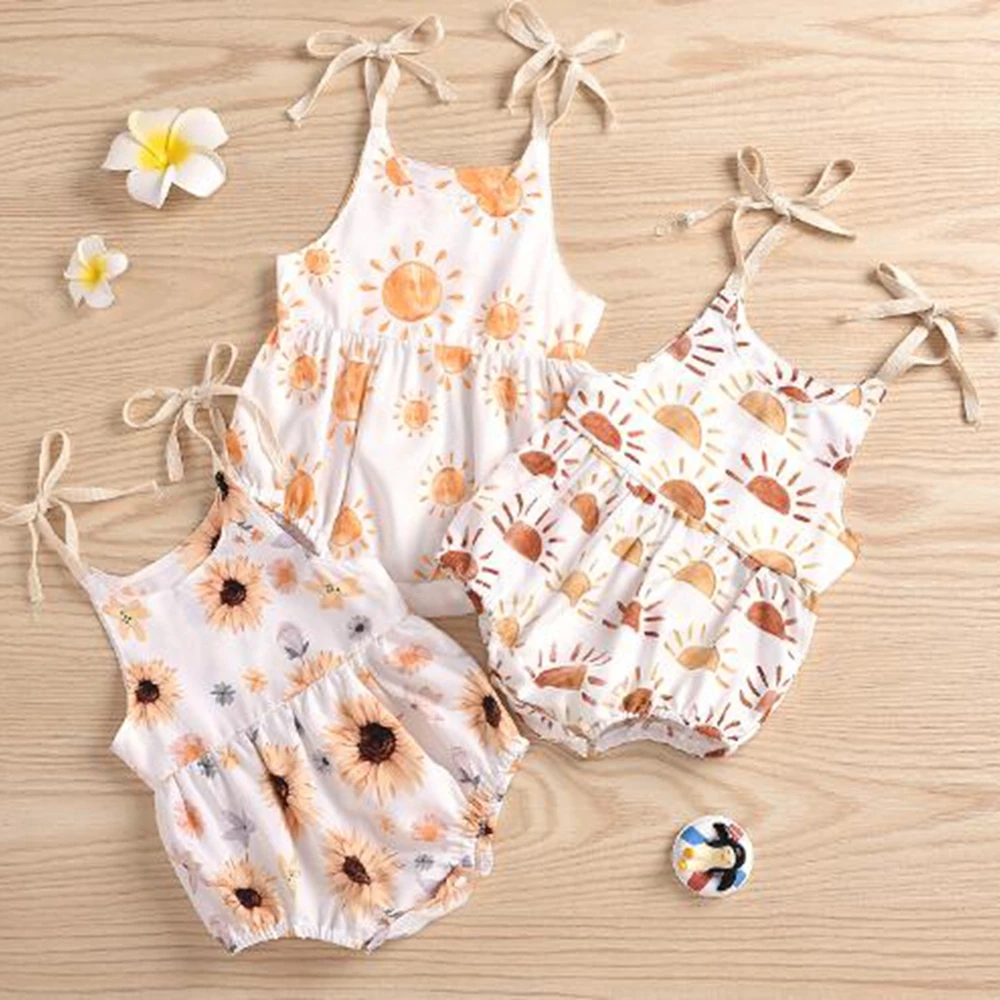 0-24M Newborn Baby Girls Bow Knot Tied Shoulder Straps Sun/Sunflower Print Button Cotton Rompers Sleeveless Bodysuits