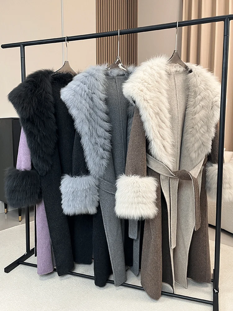 2025 핫 세일 겨울 여성용 천연 리얼 폭스 퍼 칼라 커프스 코트 울 울렌 재킷 여성 아우터웨어 럭셔리 재킷