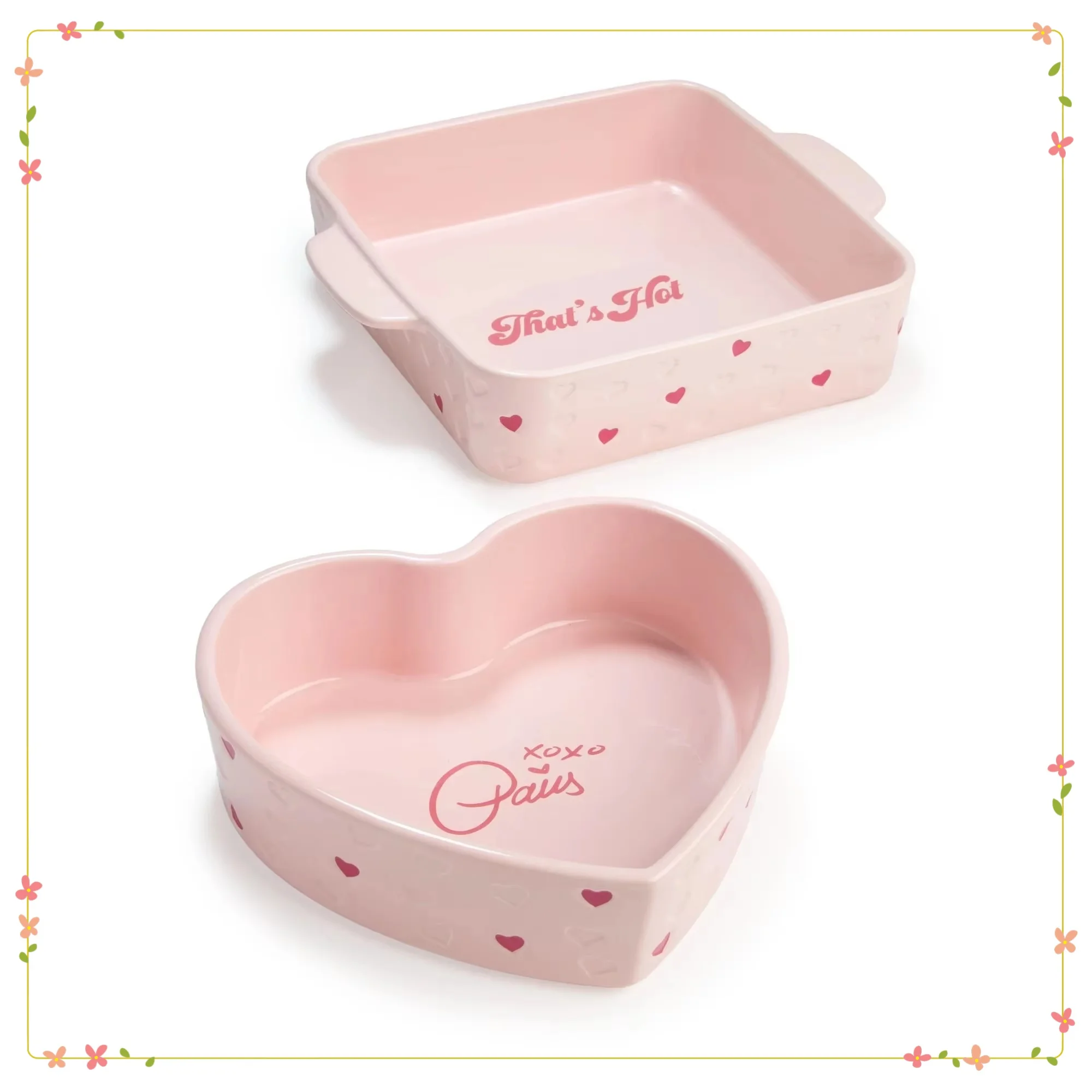 

2-Piece Pink Ceramic Baker Set, Square and Heart Shape Stoneware Baking Dishes for Oven, Microwave Safe, Gift Idea