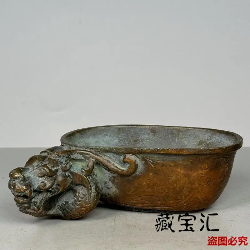 Chinese Antique Collectible Ming Xuande Style Zodiac Dragon Head Auspicious Beast Old Patina Copper Brush Washer Cup
