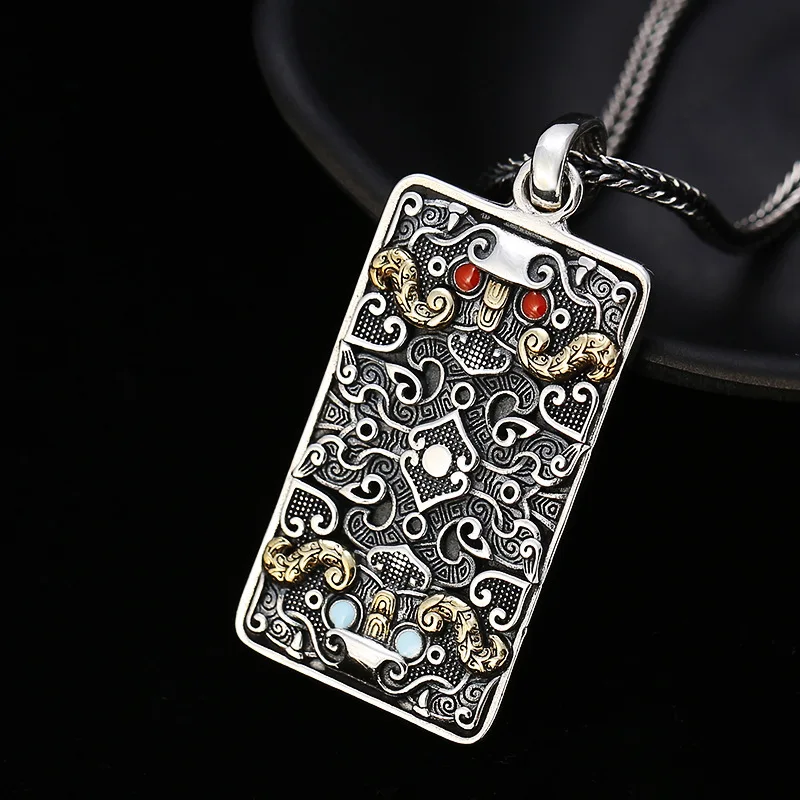 S925 Sterling Silver Taotie Pendant Black Color Old Process Unisex Clouds Drop Oil Square Fine Jewelry FYNE402