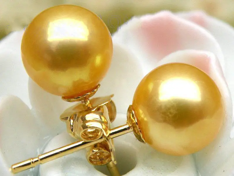 

Gorgeous AAA 8-9mm natural south sea golden round pearl earrings 14k Yellow Gold