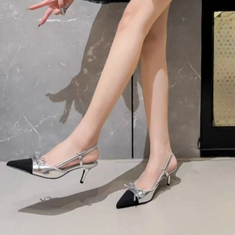 Modische, bequeme High Heels mit spitzer Zehenpartie für festliche Anlässe, Sommerneuheit, elegante Sandaletten mit Schmetterlings-Schleife und schmalem Absatz für Damen