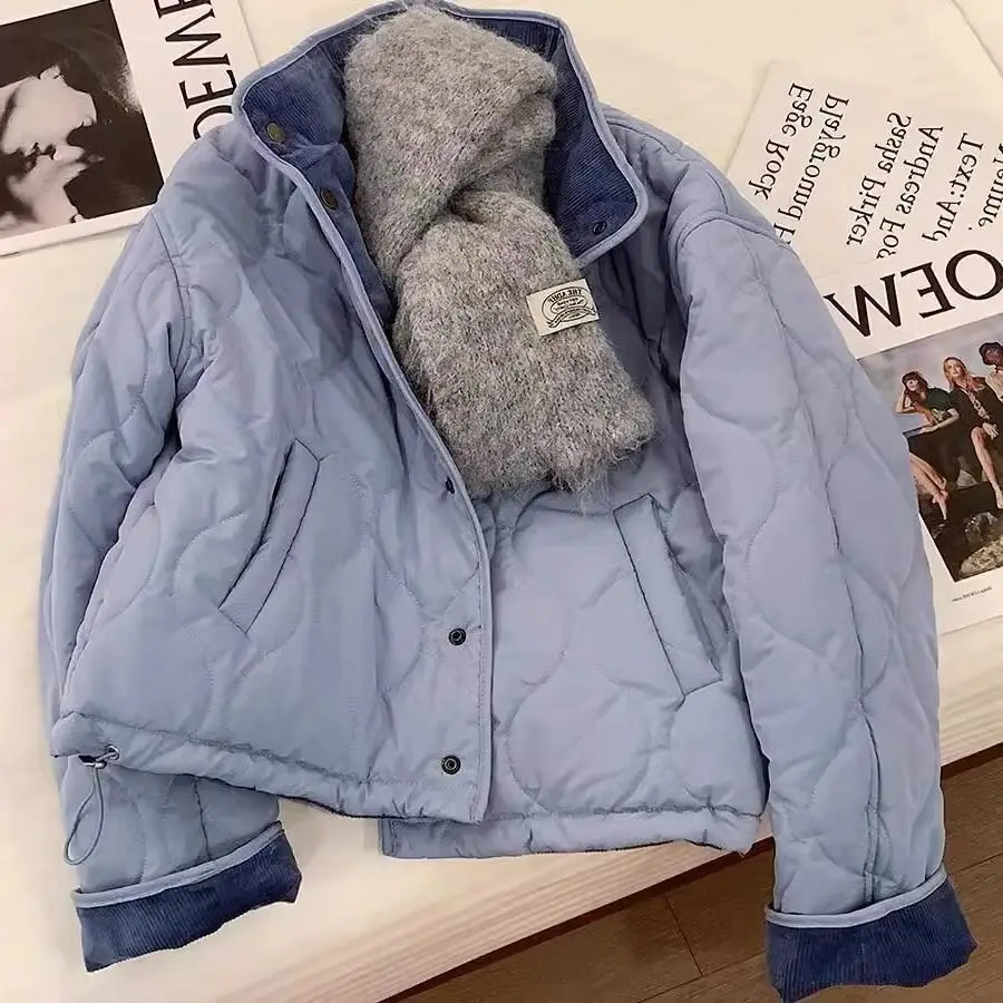 Women's Quilted Puffer Jacket with Corduroy Trim Stand Collar, Button Front, Cropped Lightweight Winter Coat