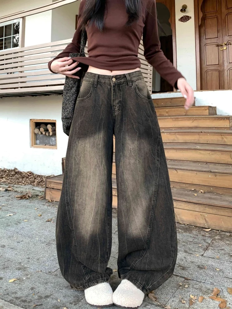 2025 Cyber Y2K Streetwear Pantaloni jeans da donna neri vintage invecchiati per abbigliamento donna Pantaloni lunghi in cotone Harajuku a gamba larga