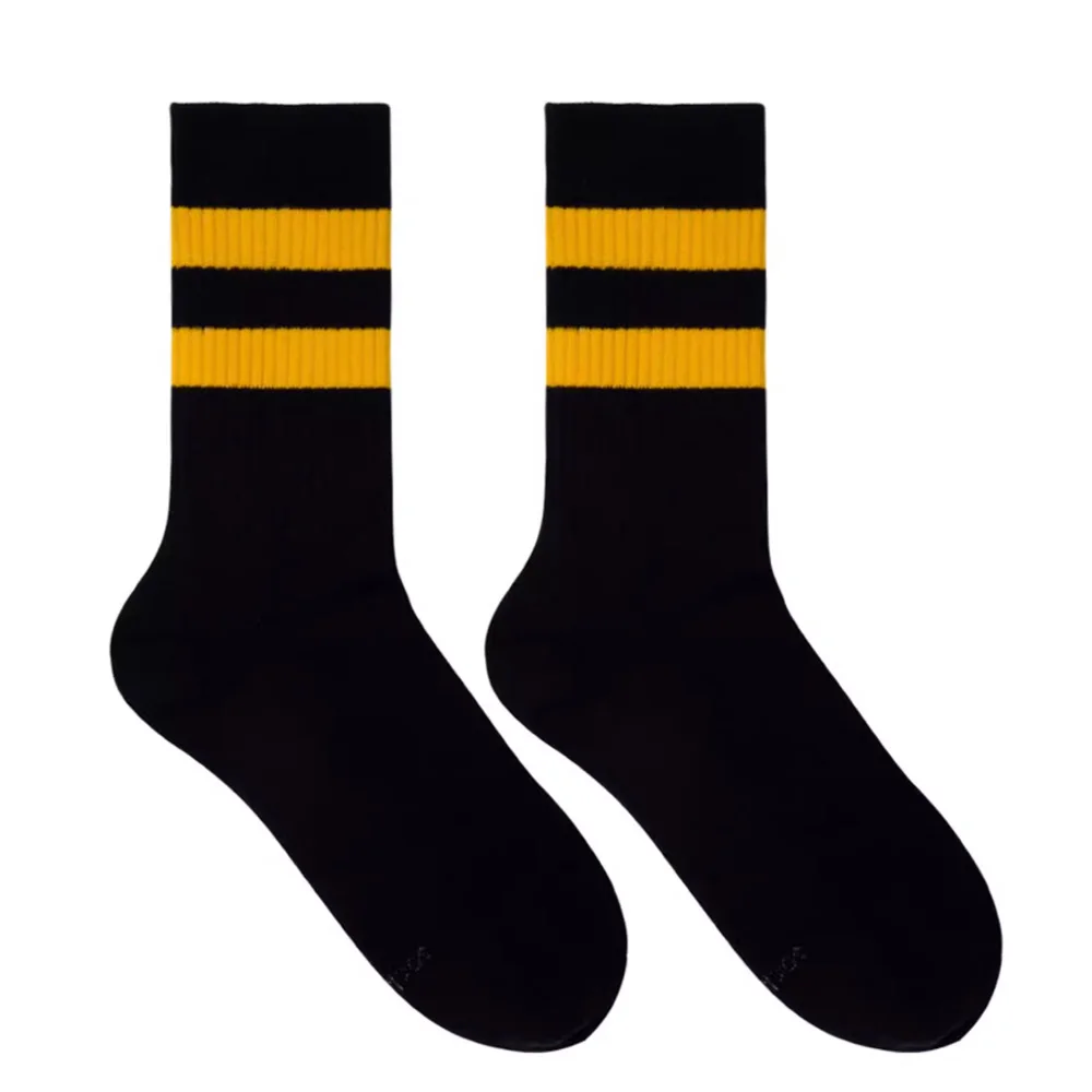 

Men's Towel Bottom Black Yellow Two Stripes Orange Sports Socks Tall Fitness Socks