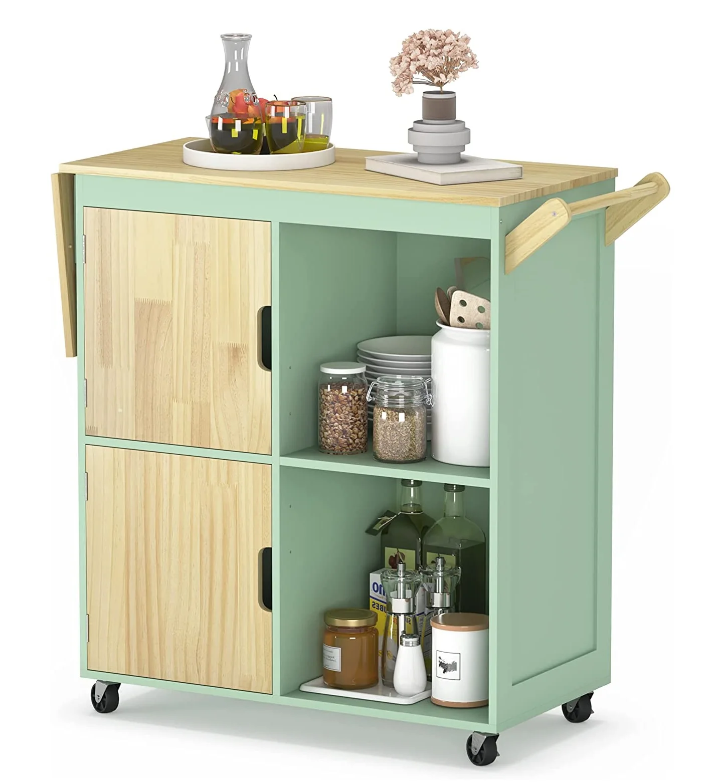 

For Rolling Kitchen Furniture Island Kitchen Trolley with Storage Cabinets on Wheels with Drop Leaf Countertop