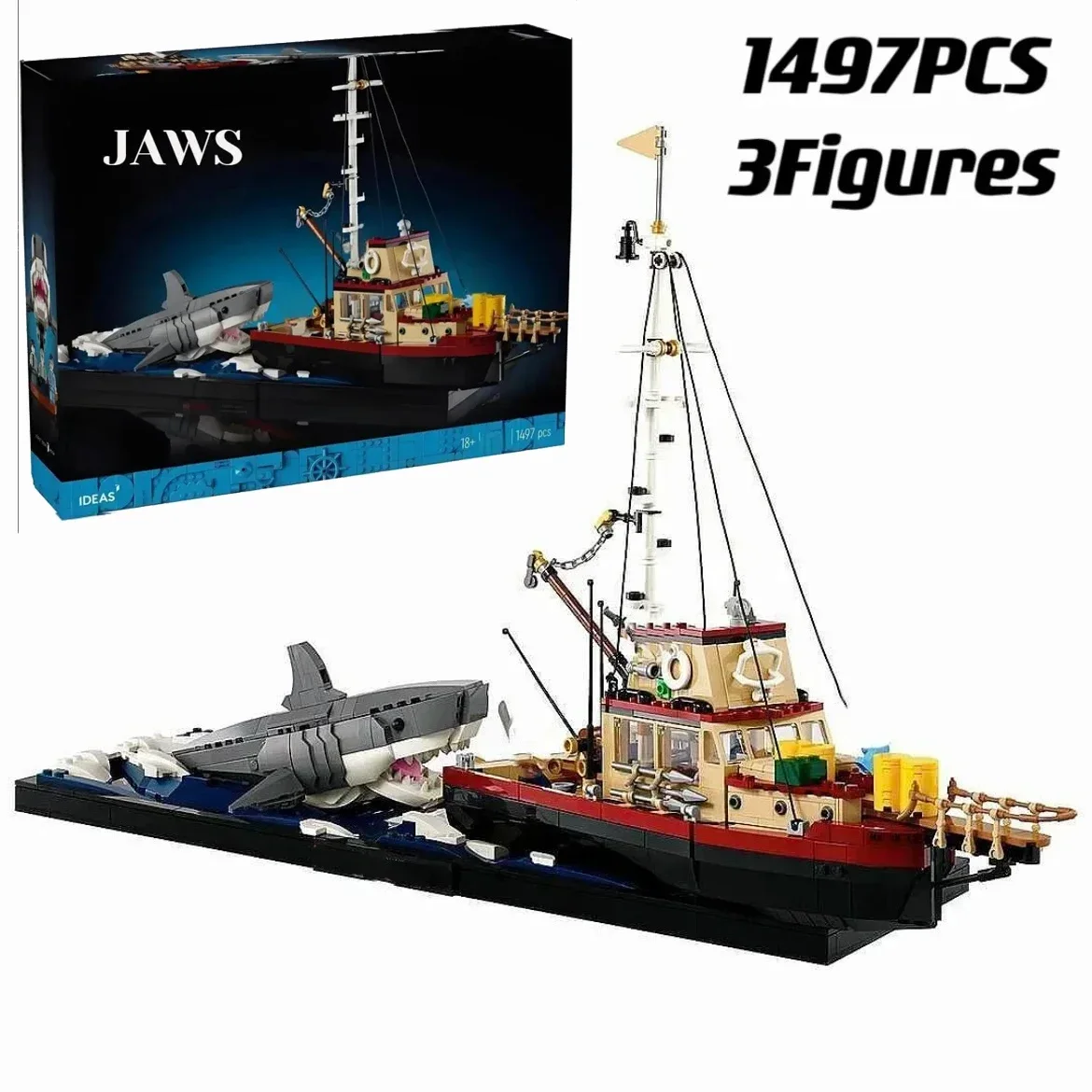 1497PCS Ideas Jaws Diorama Boat Shark Pirate Ship Building Blocks With Figures MOC Construction Bricks Toy Gift For Children Kid