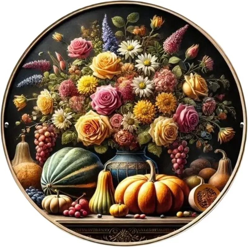 Round Metal Tin Sign Art Painting Decorative Plates autumn fall pumpkin Plaque Poster for Bar Cafe Club Home Room Wall Decor