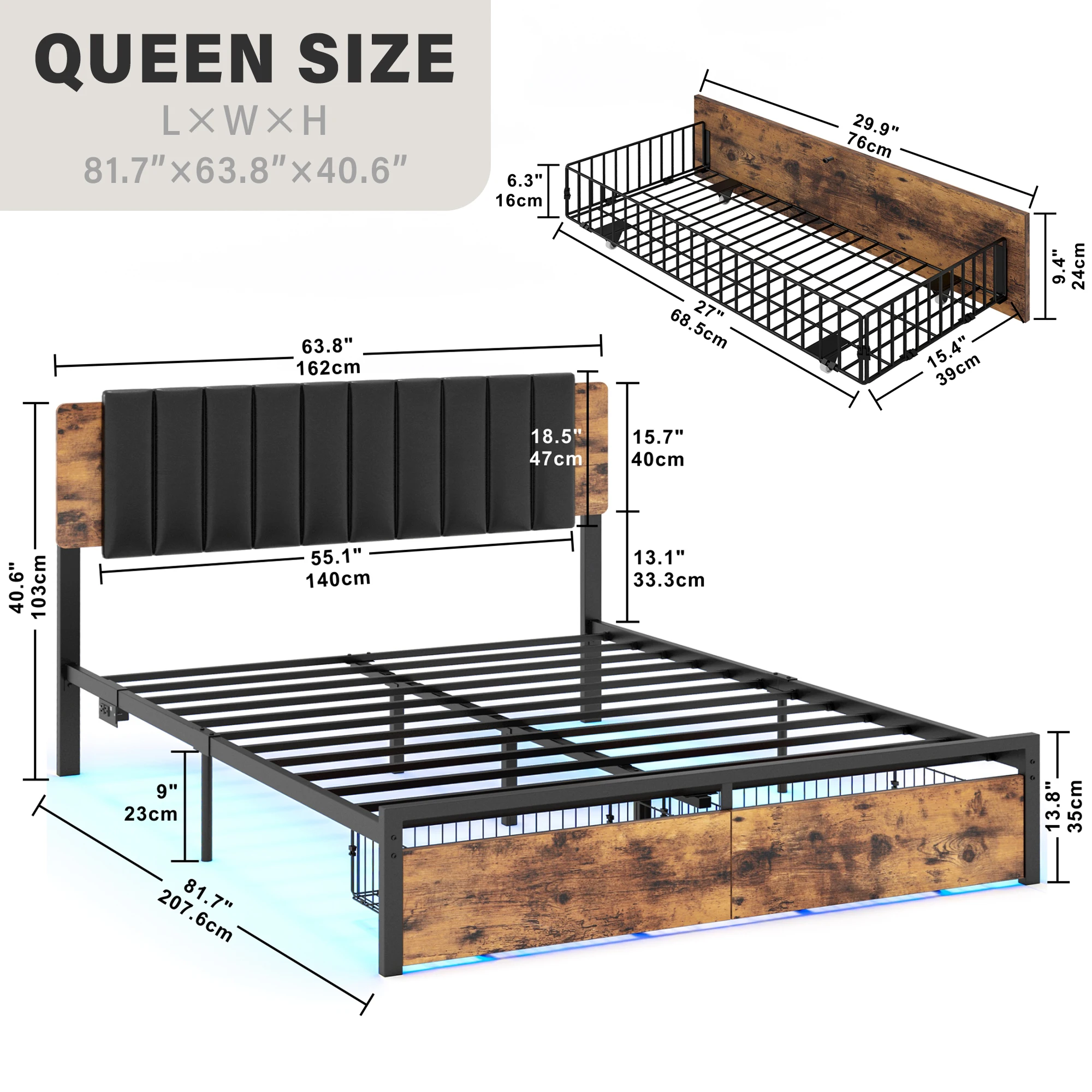 LIKIMIO Full Size Bed Frame with Removable PU Leather headboard & Charging Station & Drawer