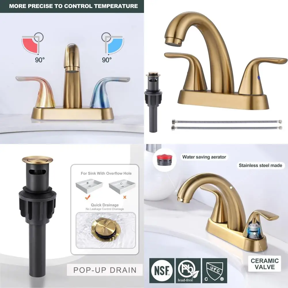 

4 Centerset Brushed Gold Sink Faucet with 2 Handles, Pop-Up Drain, Ideal for RV and Vanity Installations