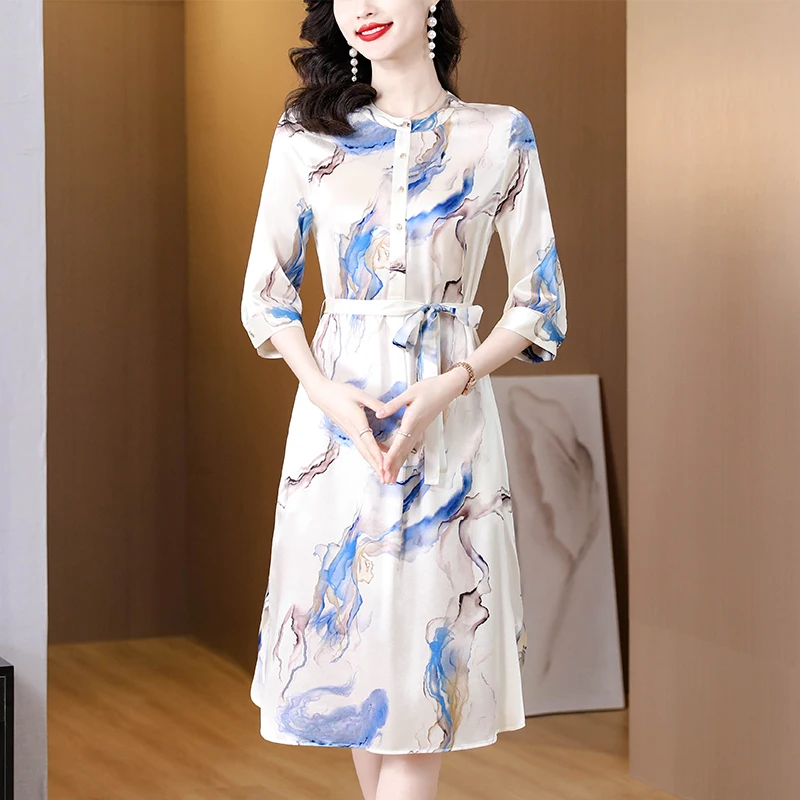 

2023 New Fashion Silk Ink Print Dress Women's Summer Elegant Versatile Mulberry Silk Loose Fit Leisure Holiday Dress Vestidos