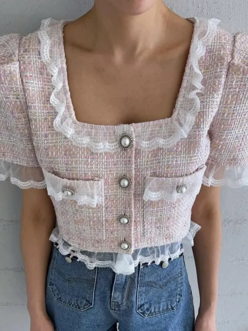 Or renda aparada gola quadrada retalhos design feminino jaet coreano sle retro bicolor sensação verão nova chegada