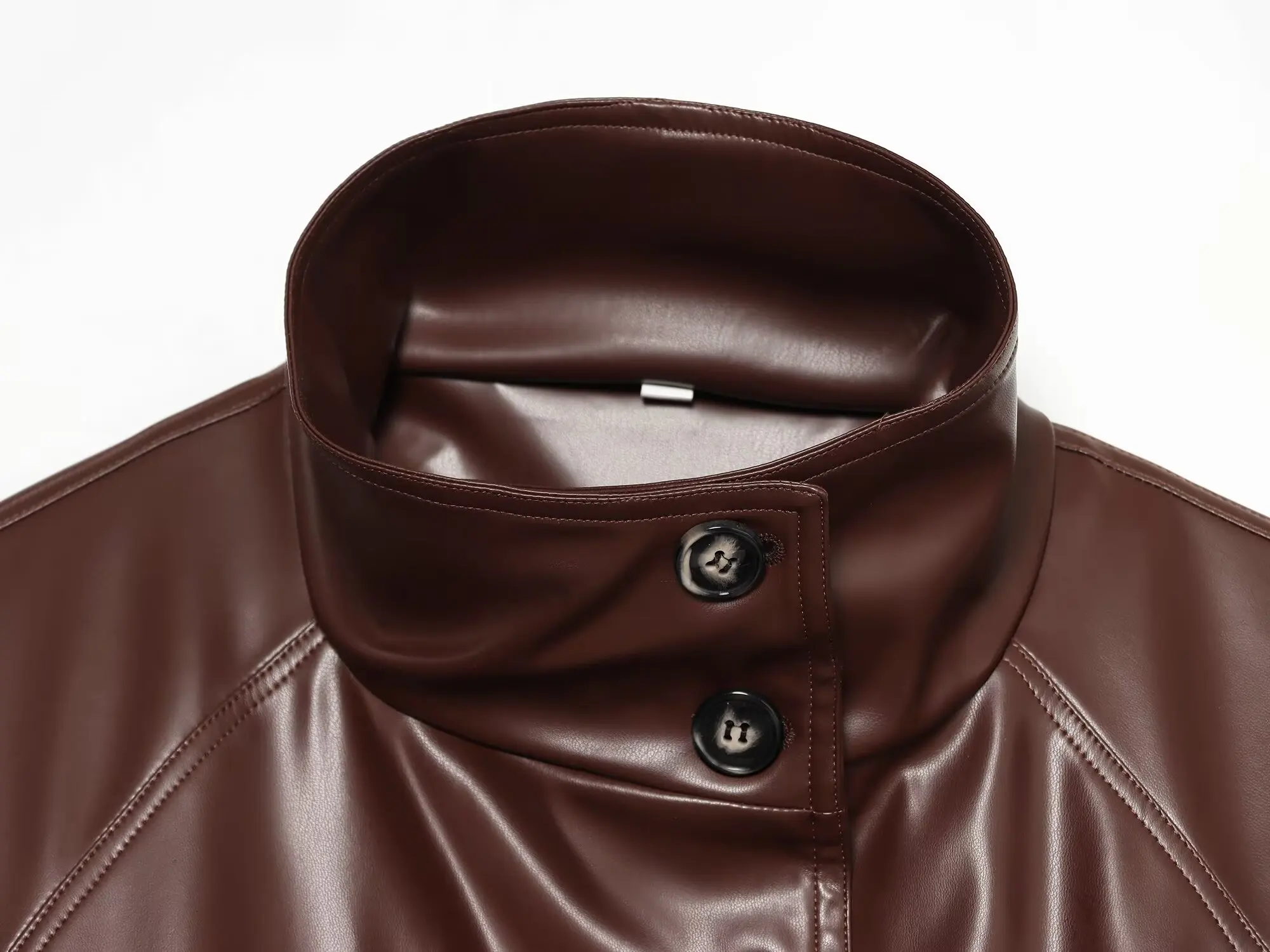 Women's Short Leather Effect Trench Coat, Lapel Double Breasted Windbreaker with Belt, Vintage Faux Leather Jacket