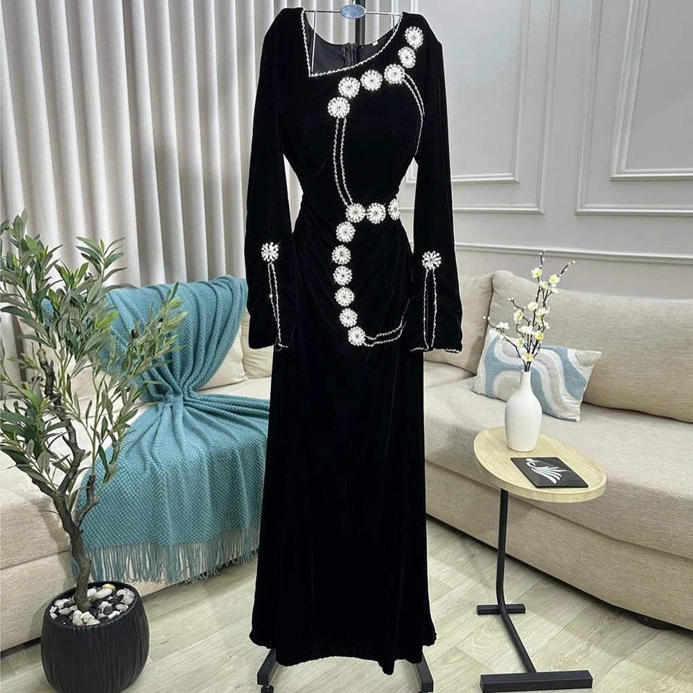 

Customized A-line Evening Dresses Floor-length V-neck Full Sleeve Prom Gown Fashion Beading Crystal Simple Draped Party Gown