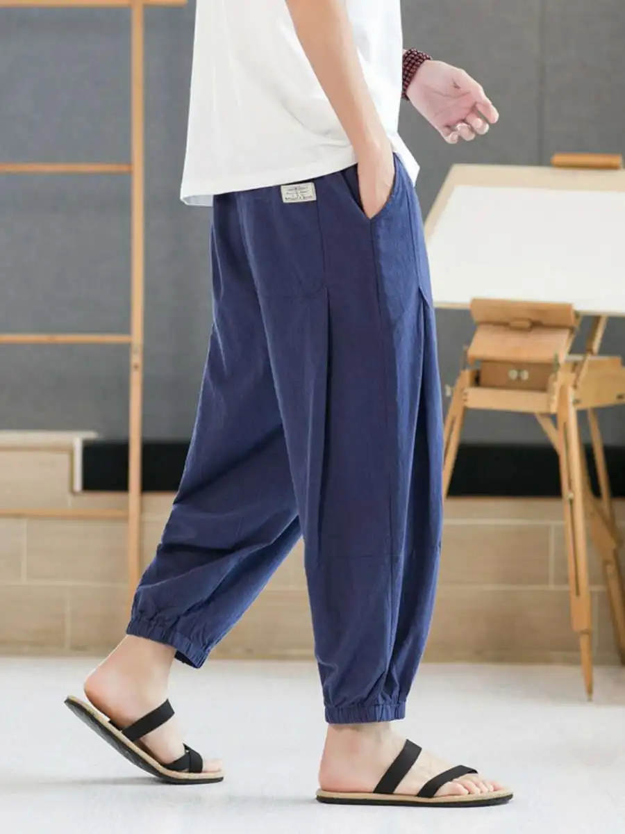 

Новые летние мужские тонкие хлопково-льняные брюки свободного кроя с широкими штанинами и манжетами, укороченные (до щиколотки), повседневные, со средней посадкой, на шнурке