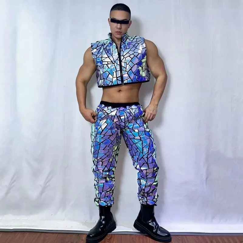 

Men's Jazz Hip Hop Dance Costume Purple Laser Sequin Vest Pants 2 Piece Set Nightclub Male Singer Dancer Performance Stage Wear