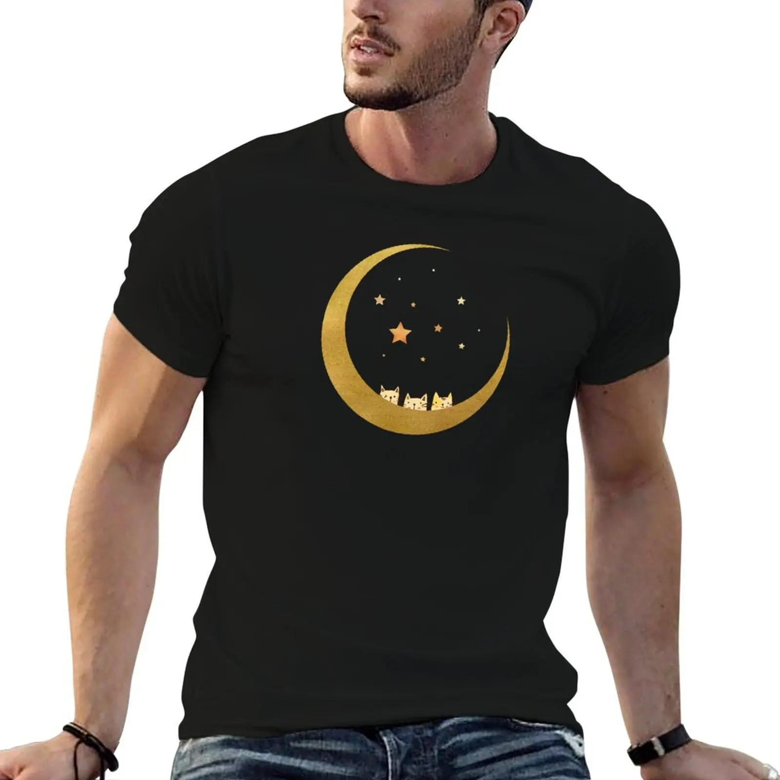 

Three Cats on the Moon - Cute T-Shirt man t shirt summer t shirts for man cotton man t shirt graphic T-shirt