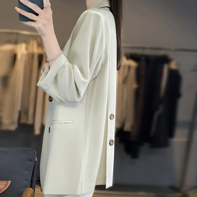 2024 Spring Summer New High Quality Suit Women\'s V-Neck Acetic Acid Silk Button Pocket Casual And Elegant Style Small Suit Coat