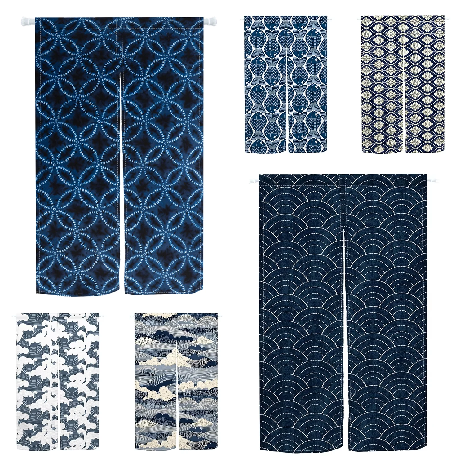 Blue Striped Japanese Kitchen Short Door Curtain Noren Shop Room Entrance Partition Half Curtain Blackout Opaque Customizable
