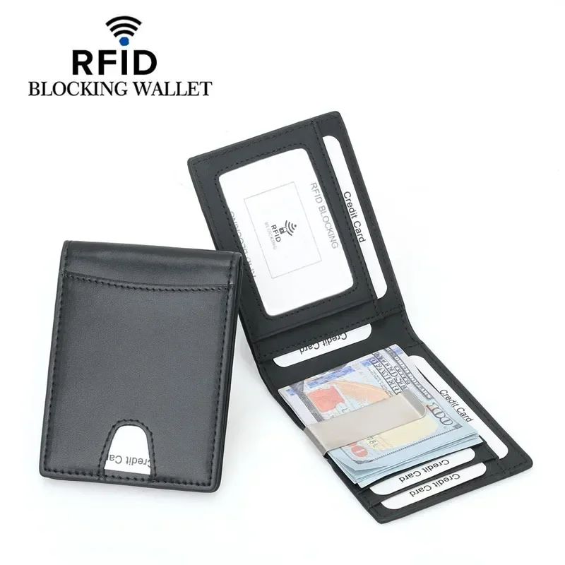 RFID Blocking Slim Genuine Leather Wallet With A Clip Men ID Credit Card Holder Front Pocket Bifold Male Metal Clamp For Money