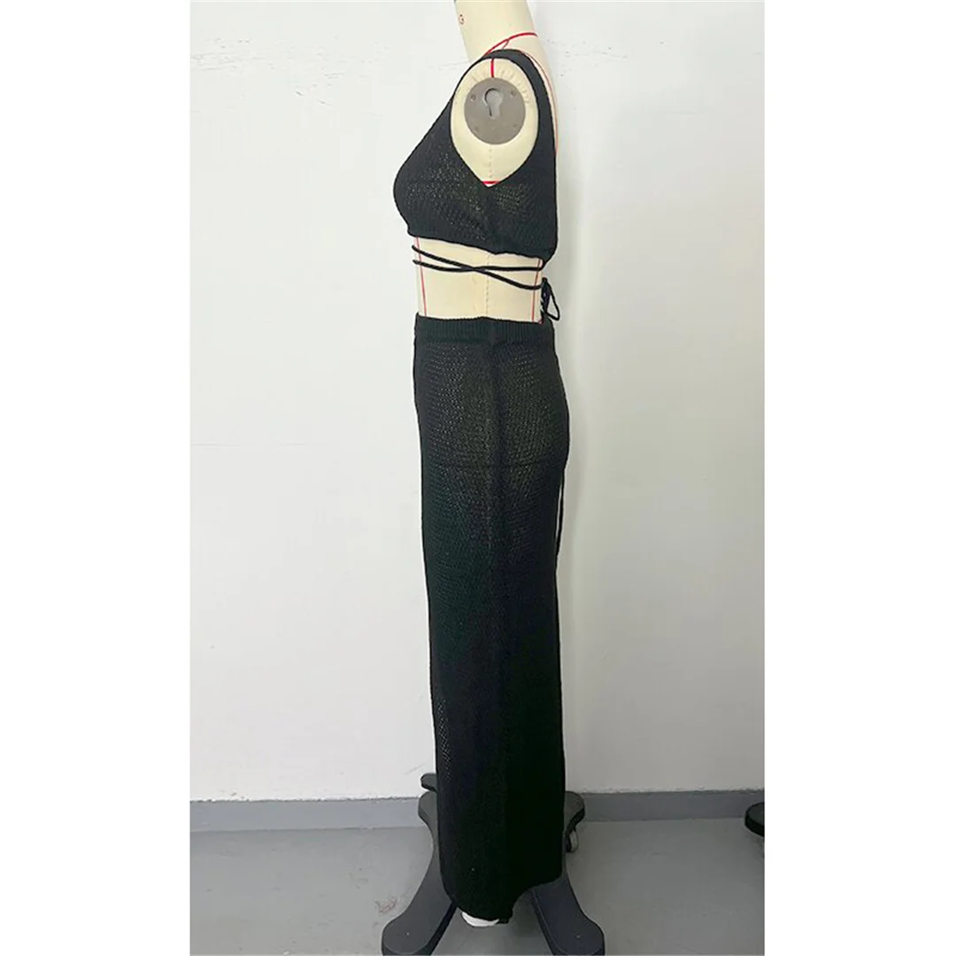 Sexy, hochgeschlitztes, ärmelloses, gehäkeltes, gestricktes Strandkleid, Strandtuch, Strandkleid, zweiteiliges Set, Strandmode V6124 – Detail 15