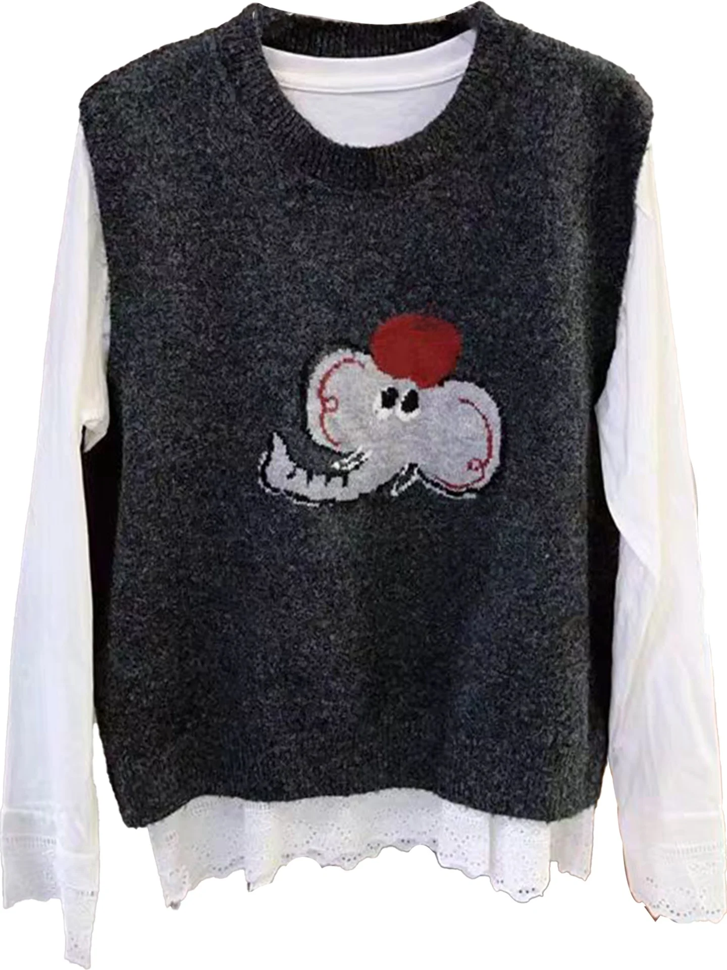 겨울 패션 안티에이징 달콤하고 귀여운 만화 코끼리 니트 조끼 탑 라운드 넥 티셔츠 투피스 세트 여성 루즈핏 캐주얼...