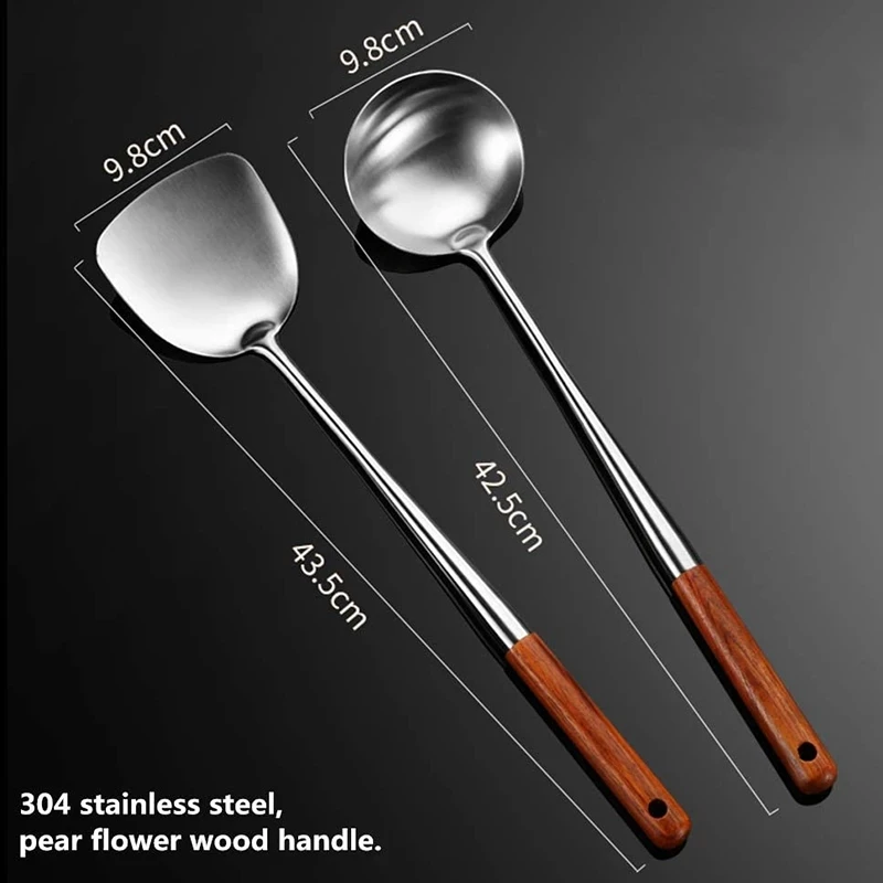 304 Stainless Steel Wooden Spatula Cooking Utensils Home Cooking Accessories Slotted Spoon Metal Gadjets For Kitchen Essentials