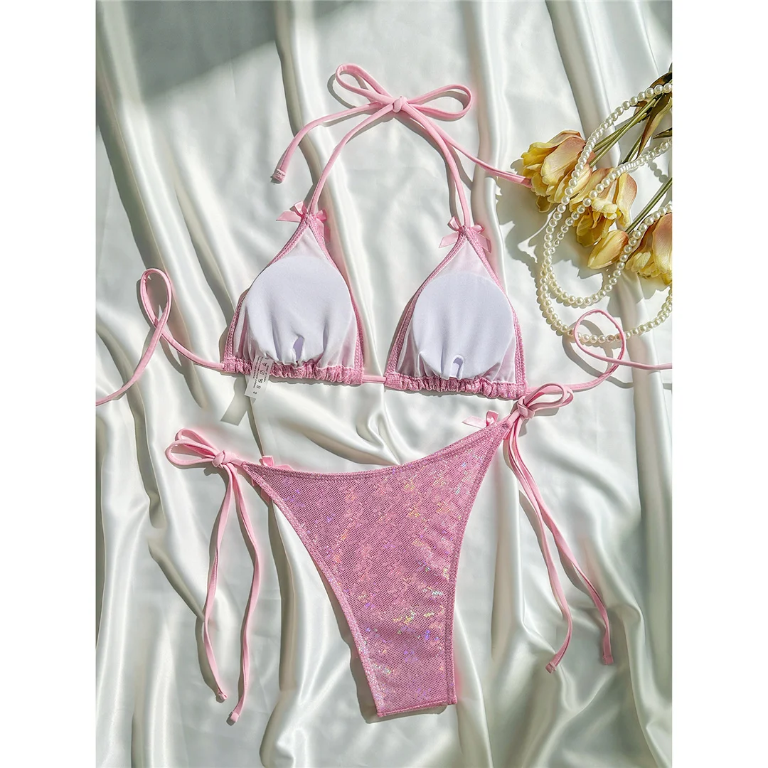 Glitzernder, funkelnder Neckholder-Bikini, Damen-Badebekleidung, zweiteiliger Bikini-Set, Badeanzug mit hohem Beinausschnitt, Badeanzug, Schwimmanzug V7269 – Detail 7