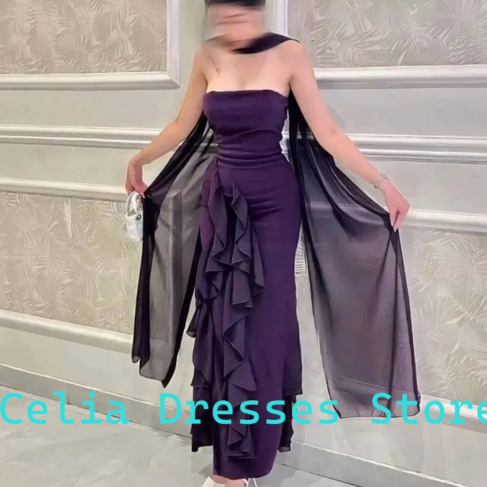 Elegant Strapless Jersey Pleats Purple Evening Dress Straight Classic Floor Length Sleeveless Special Occasion Gown Saudi Arabia