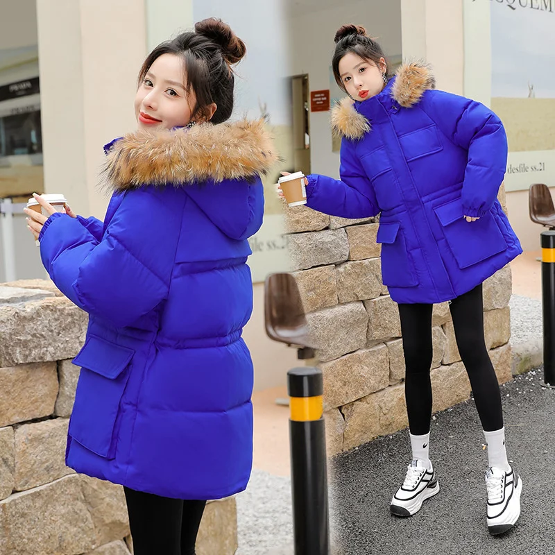 

Women Parker Winter Jacket New Hooded Faux Fur Collar Down Cotton Jacket Pocket Mid-Length Coat Female Snow Wear Cotton Clothes